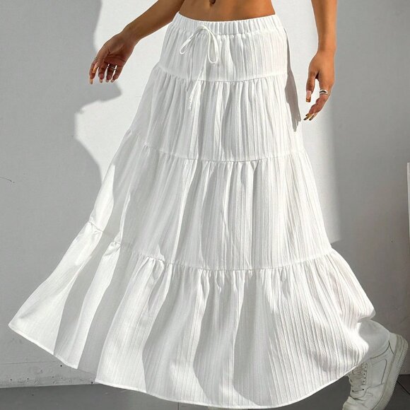 White Casual Boho Women's High Waist Tie Ruffled Hem Maxi Skirt